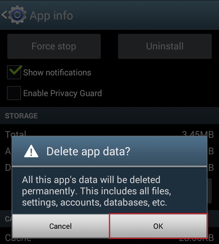 Cancella i dati dell'app -> OK